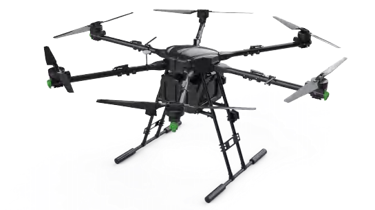 Modern agricultural drone in flight over green farmland, clear blue sky background, professional aerial view